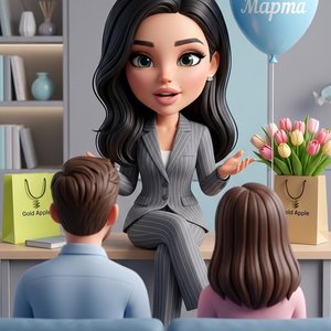 Миловидная девушка в 3D\-карикатурном стиле с крупной головой и реалистичными чертами лица, девушка психолог , в стильном сером  строгом костюме в полоску  , рядом воздушный шар нежно голубого цвета с надписью «С 8 Марта»\. Рядом лежит букет весенних тюль