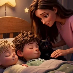 3D мультфильм в стиле Pixar. Кинематографичная анимация, выразительные лица, большие глаза. Без слов, только звуки окружения. КРУПНЫЕ ПЛАНЫ. Тёплый уютный свет, ночная атмосфера.


0:00–0:03: [ДЕТСКАЯ, НОЧЬ] Мама @image_1 укладывает двух детей( @image_2,@