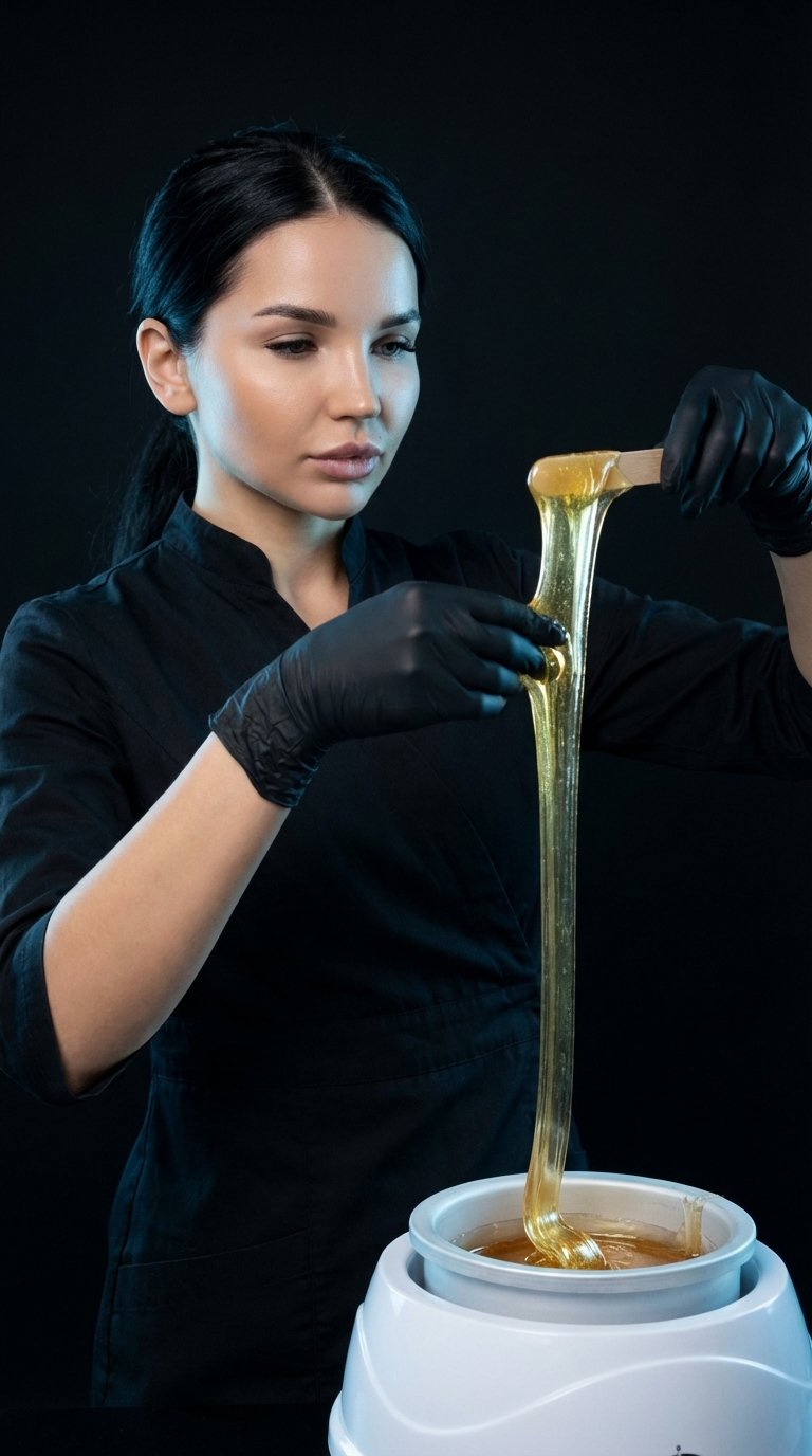 1,2.Create an image of a female depilation master in a dark studio with a black background. She wears professional black attire and black gloves. In her hand, she holds a wooden spatula, stretching a thick strand of warm golden wax from a white container.