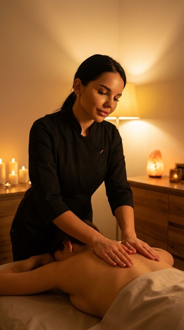 4.Create an image of a female massage therapist in a dimly lit, warm-toned room with candles glowing softly in the background. She wears professional black attire and stands beside a massage table, gently massaging a client’s back. The atmosphere is calm,