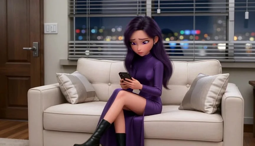 01-SAHNA — G‘ALATI XABAR
ENGLISH PROMPT:
10-second cinematic voxel-style 3D animation with a polished smooth render, expressive family-animation facial acting, premium lighting and detailed environments. Rumi sits alone in a stylish modern apartment at ni