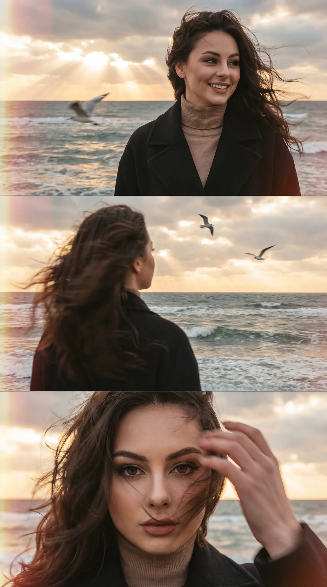 The image is a collage of three photographs, each capturing a different moment with a woman by the ocean.

1. **Top Image:** The woman is seen smiling, turned slightly to her right. Her long hair is tousled by the wind, casting a carefree and natural look