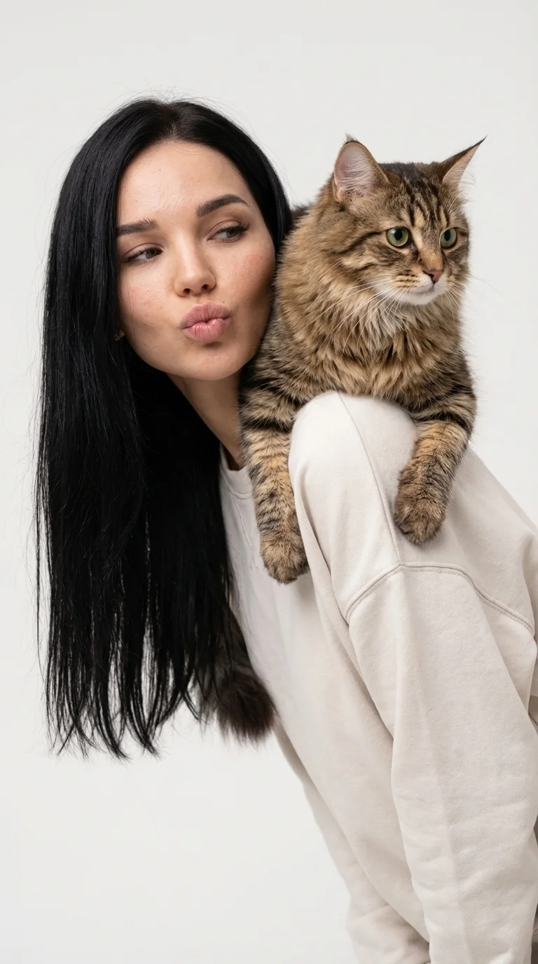 Студийный fashion-портрет на светлом фоне. Девушка слегка наклонена вперёд, корпус в полуповороте. На её плече спокойно лежит кот мэйнкун, передними лапами обнимая плечо. Девушка делает лёгкий «поцелуй» губами в сторону, жест игривый, момент живой и естес