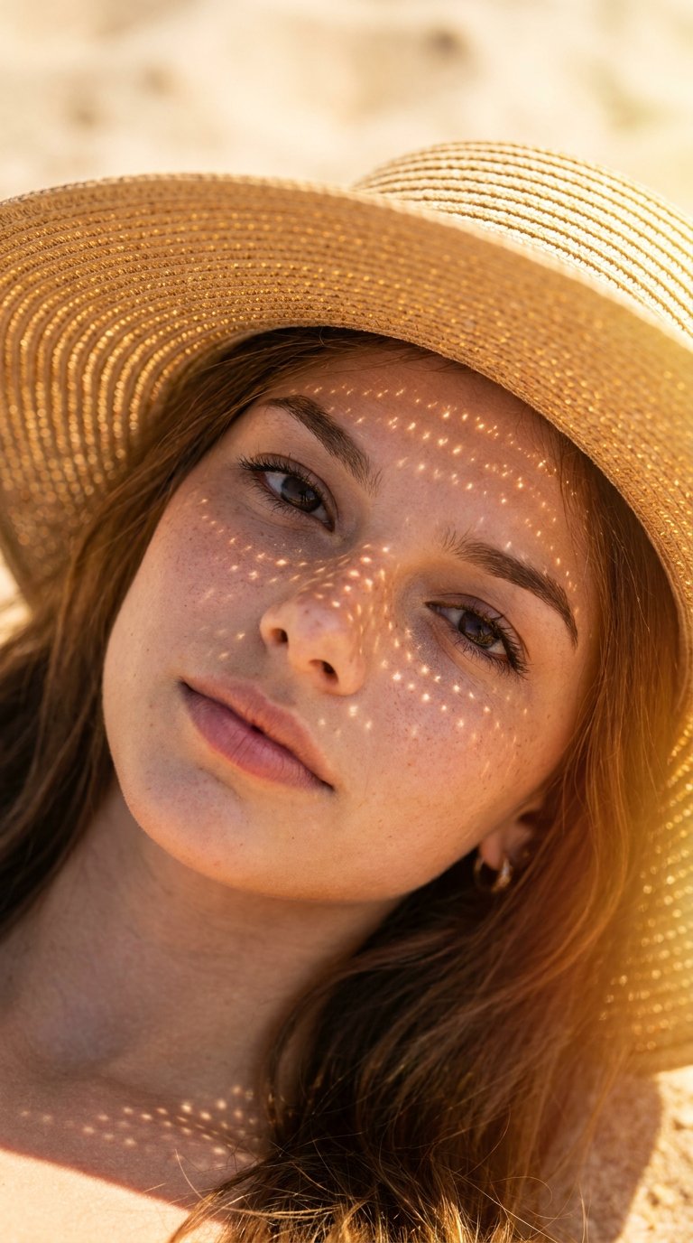 Ultra-photorealistic extreme close-up portrait of a young woman lying back outdoors under bright summer sunlight. She wears a wide-brimmed woven straw hat resting closely around her head; direct sunlight filters through the weave, casting a distinct patte