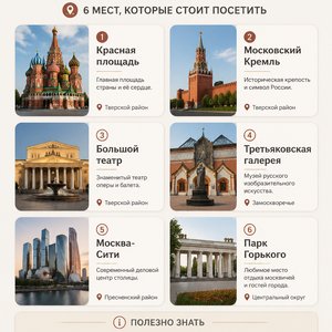 Create a clean vertical travel infographic for [Москва].

All text MUST be written in Russian and placed directly inside the image (not as separate captions).

Style: minimal, modern, aesthetic, Instagram/Pinterest style.

Layout:
— large title at the top
