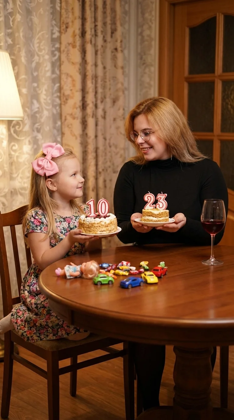 Девочка сидит на стуле и смотрит на взрослую себя с маленьким тортиком где цифра 10 , на ней одета платье и бантик , черты лица у девочки не менять , на против сидит девушка немного полновата с маленьким тортиком и цифрой 23 , они смотрят друг на друга и 