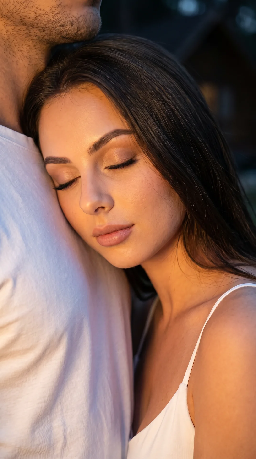 hyper-realistic photograph, 9:16, tight close-up shot of intimacy: женщина прижалась щекой к груди мужчины, очень крупный план на её лицо, её волосы и текстуру его белой футболки; та же одежда (белая футболка, белая майка на тонких бретелях) и прически (т