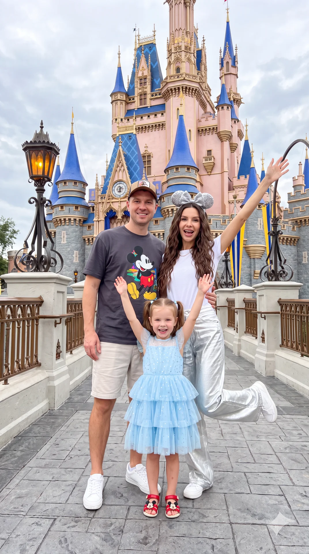 A joyful family of three—a woman, a man, and a young girl—poses happily on a bridge with a fairytale castle in the background. The woman, with long wavy hair and sparkly Minnie Mouse ears, is wearing a white t-shirt, shiny silver wide-leg pants, and white