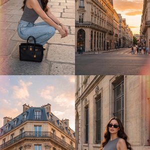 The collage consists of four images showcasing a stylish scene in a European city:

1. **Top Left:** A person with long, wavy hair is crouched on a street, looking poised and fashionable. They are wearing a gray sleeveless top and light blue jeans. They a
