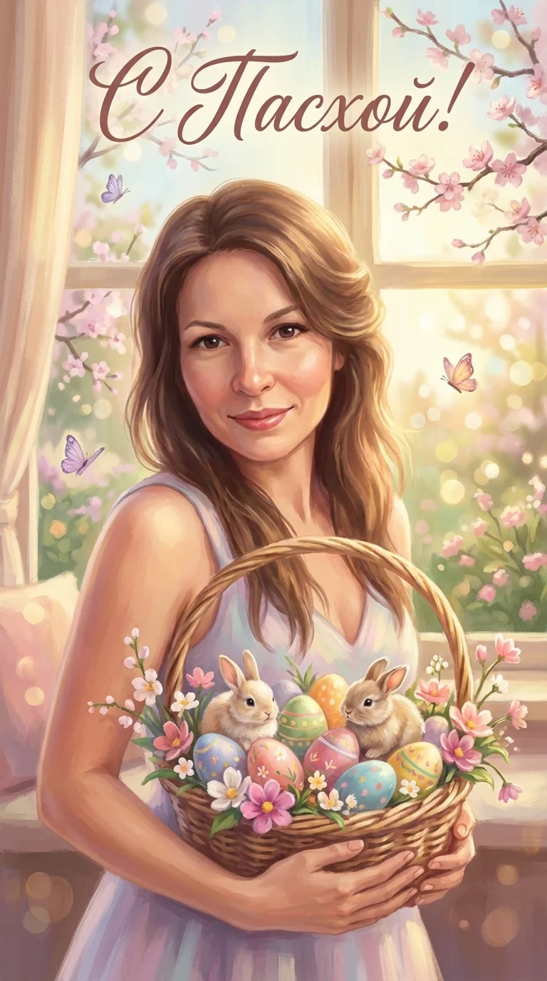 Иллюстрированная пасхальная открытка, мягкий painterly / digital illustration стиль, 9:16.
❗️ABSOLUTE IDENTITY LOCK 1:1 — использовать загруженное фото, сохранить лицо без изменений.

Композиция:
девушка по центру держит декоративную корзину с пасхальными