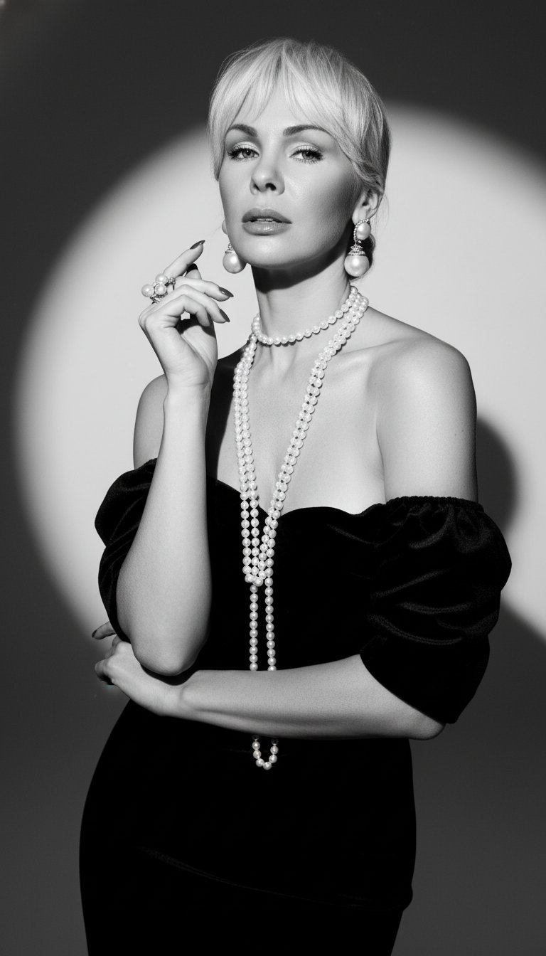 An ultra-realistic black and white fashion portrait of a glamorous woman in a sensual editorial pose. She is wearing the same outfit as in the photo. Her pose is bold and expressive, with one arm bent and her eyes looking directly at the camera in a sexy 