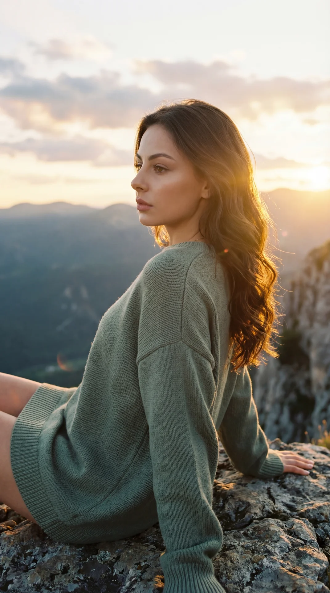 А girl seated on the tip of a narrow cliff above a vast green mountain valley under low clouds; wide shot, slightly low side angle; professional look, full-frame, 35mm lens, deep depth of field, soft overcast light, crisp detail, cool-green color grading.