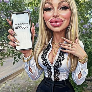Гиперкарикатура , акрил фотореалстичный, Бимбо дама, держит смартфон на вытянутой руке экраном к зрителям, на надпись поступление 400056, и внизу крупно "ну всё, нажремся"!
