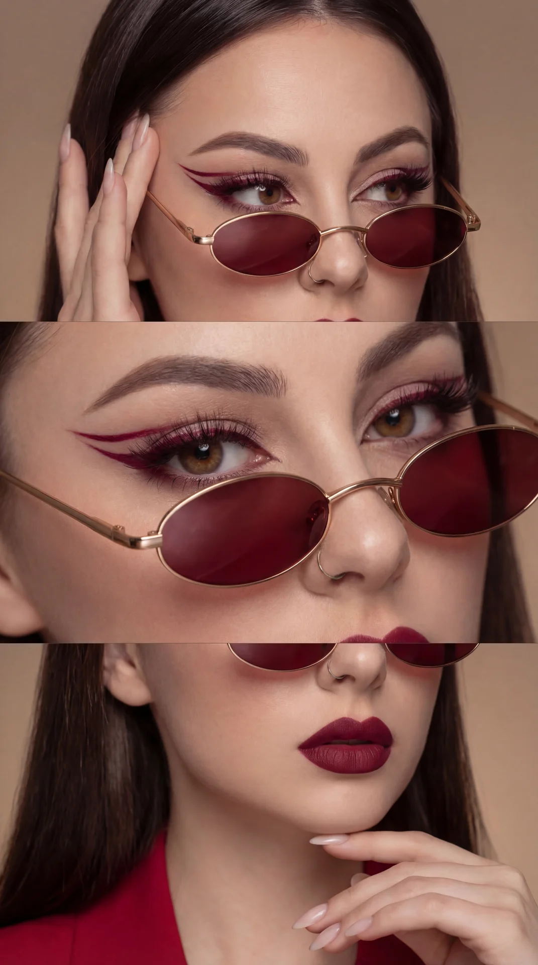 The image is a collage of three close-up shots of a person wearing stylish red sunglasses. The individual has long, straight hair and is sporting bold makeup. The eyes are accentuated with striking red eyeliner which creates a dramatic winged effect. The 