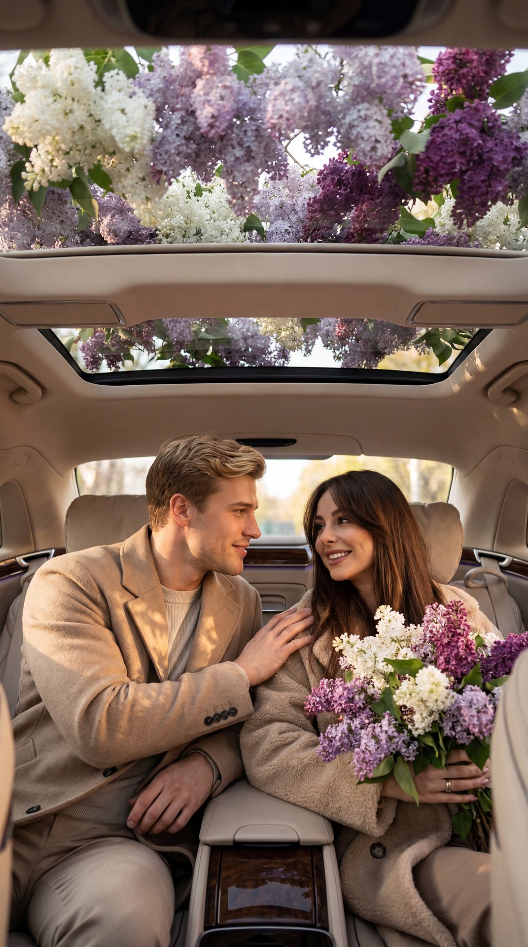 Photorealistic interior of a luxury car with a panoramic sunroof, lush lilac branches (white, light purple, dark purple) are lying directly on the exterior surface of the glass roof. The lilac covers the sunroof from the outside, visible through the glass
