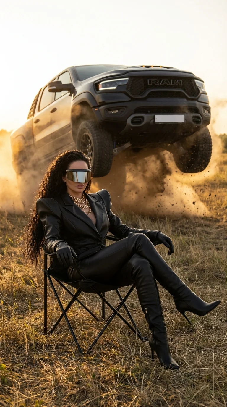 Cinematic average shot of a cool girl sitting calmly/relaxed on a black folding camping chair in a dry grassy field, without worrying about the camera. The woman is dressed in an extravagant total black leather ensemble: a scythe jacket with massive struc