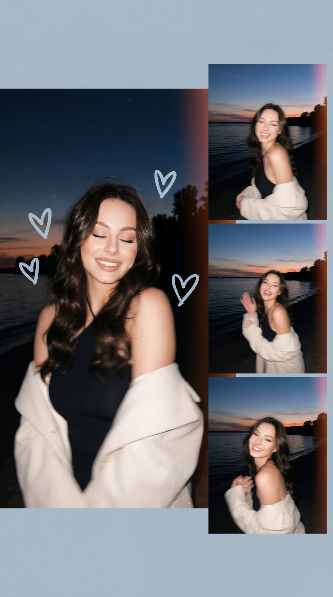 The image is a collage with a main focus on a young woman posing near a body of water during dusk. The background is an idyllic scene with dark blue skies, hints of a setting sun, and wisps of clouds creating a dramatic backdrop.

On the left, the woman i