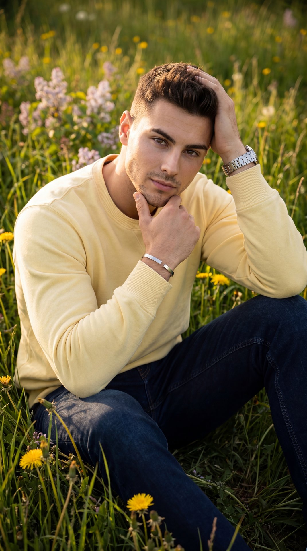 Professional photo, medium shot, slight high-angle (10–15°) looking down; model seated in a lush wildflower meadow (tall green grasses with yellow and lilac blooms); golden-hour natural light from front-left, warm tone, shallow depth of field, soft bokeh,