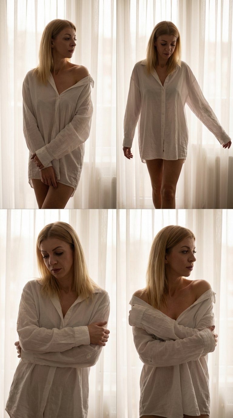 A grid collage of four panels arranged in two rows. The image depicts a woman standing in front of sheer curtains, performing subtle body movements and pose variations, focusing on minimal motion and fabric interaction.

In the first panel, the woman stan