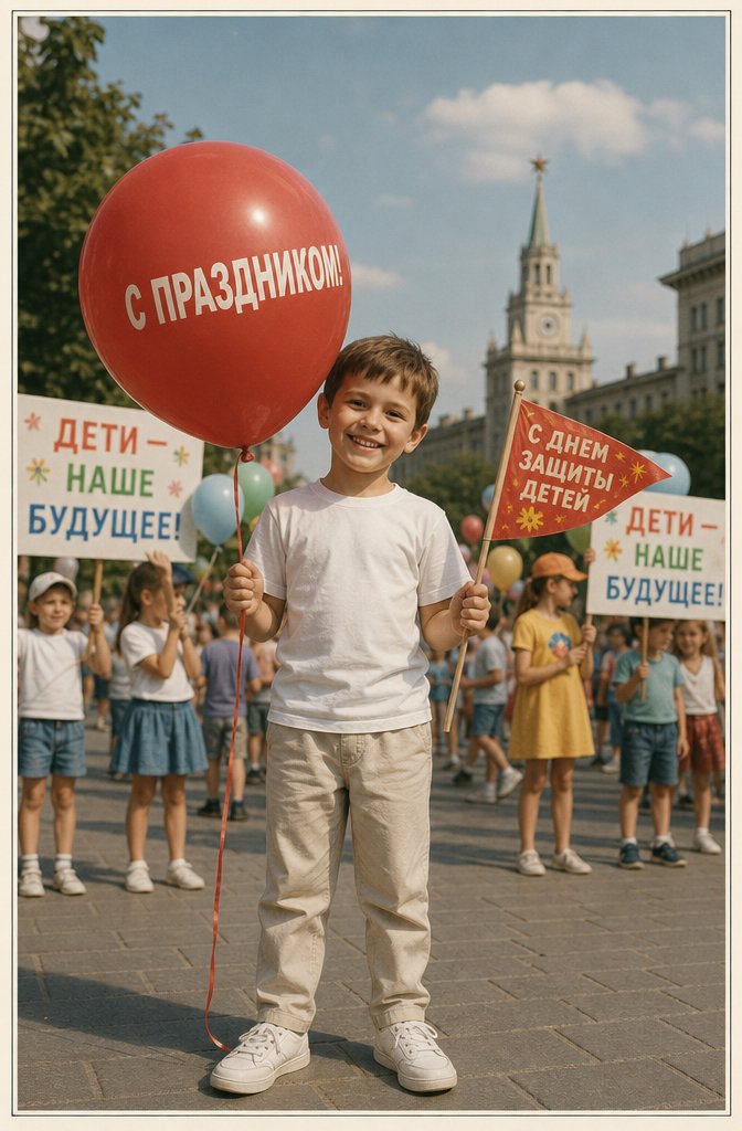 Открытка портрет мальчика
Детальная фотография, выполненная в стиле аналоговой пленки с естественным зерном. Мальчик в светлых брбках, кроссовках и белой футболке форме радостно улыбается в камеру. В руках он держит большой красный надувной шар с надписью
