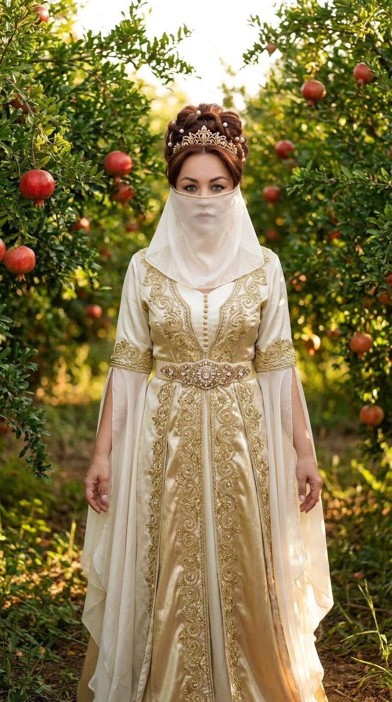 Full-length shot of a slender and elegant woman with 100% facial likeness, standing gracefully in a lush Ottoman royal fruit orchard. She is dressed in an extremely expensive, luxurious light-colored Ottoman-era gown: a floor-length ivory and shimmering g