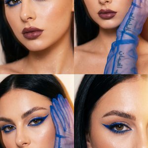 The image is a collage of four close-up portraits of a woman with striking makeup. Her long, sleek black hair frames her face, which has been accentuated with bold, electric blue eyeliner that adds a dramatic flair. The eyeliner forms a sharp cat-eye, wit