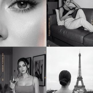 This black and white collage consists of four distinct images, each capturing a different scene or mood.

1. **Top Left:** A close-up shot of an eye. The details are sharp, highlighting long, dramatic eyelashes and a perfectly arched eyebrow. The lighting