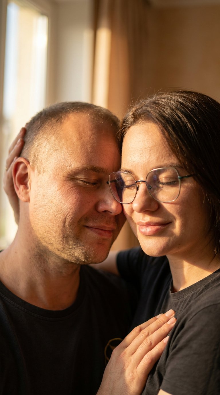 Extreme close-up portrait of the exact same couple from the attached reference photos. Maximum facial similarity required — the man and woman must be perfectly recognizable, identical to the provided images. They are cheek to cheek, eyes closed, smiling g