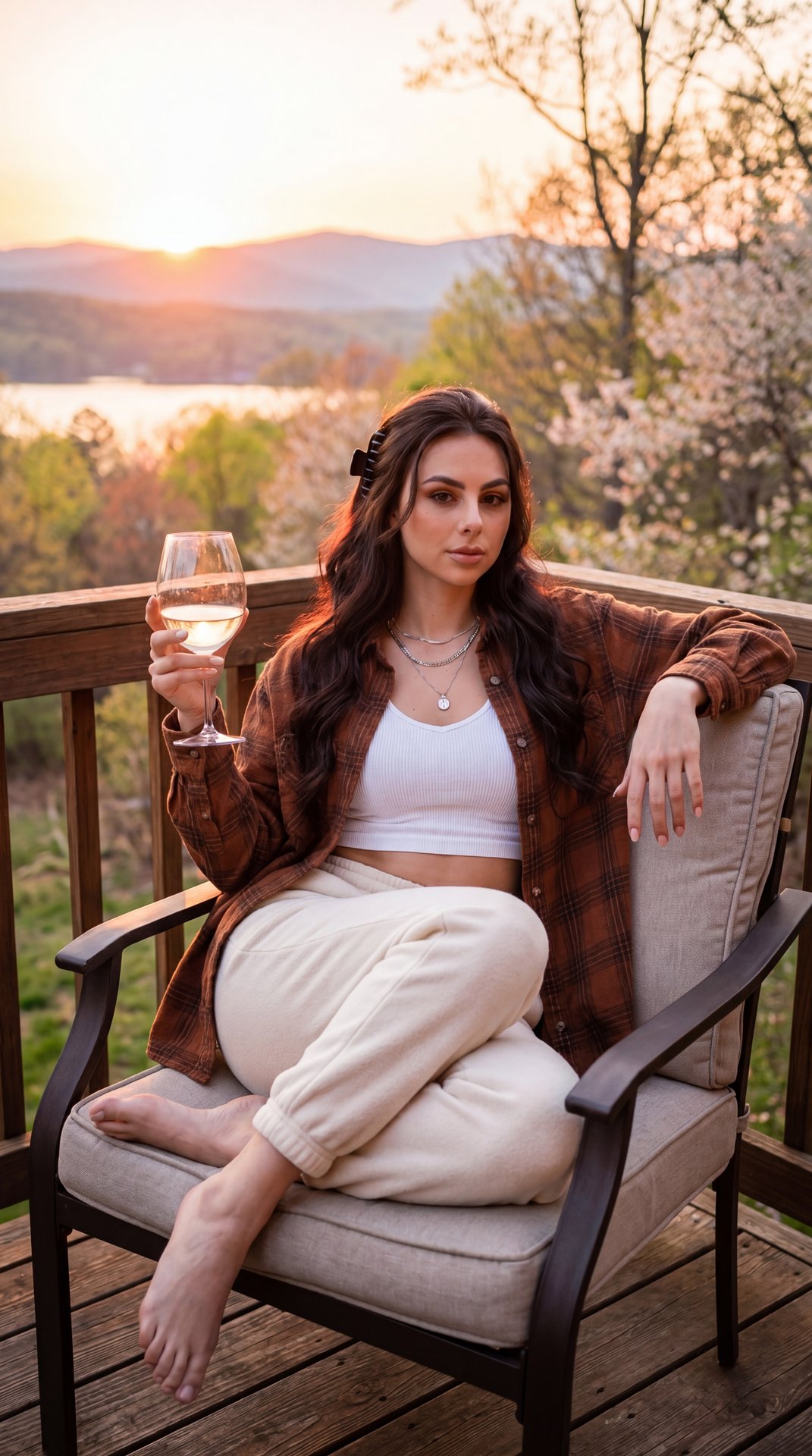 Hyperrealistic photography, indistinguishable from a real photo, raw photorealistic aesthetic, zero CGI. Cozy spring sunset portrait on a rustic cabin deck. A woman sits sideways in a cushioned patio chair, torso turned right. Her head is tilted slightly 