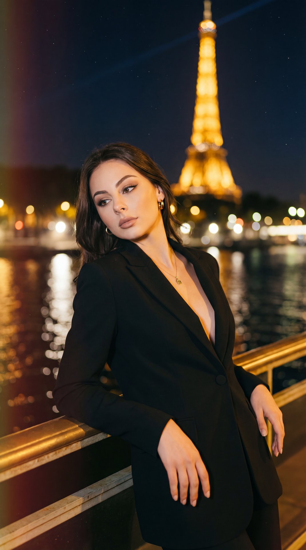 А girl leaning against a golden metal railing by the Seine at night, medium close-up shot in portrait orientation, slightly low-angle professional capture (full-frame, 50mm lens, f/1.8, shallow depth of field); torso subtly angled to her right with a gent