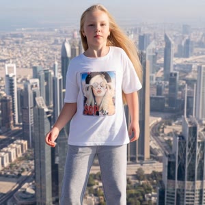 7-year-old girl with a photo. Keep the original face, facial features, expressions, age, proportions, hairstyle, makeup, clothing, accessories, and overall style intact. Do not change, redraw, transform, add, or remove anything. Maintain a dynamic pose th