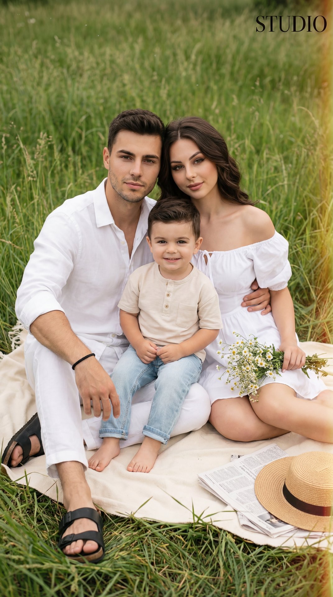 Professional, slightly high-angle medium three-quarter shot of a small family seated on a cream picnic blanket in tall green meadow grass, natural soft daylight, airy pastel grade, shallow depth of field with creamy grass bokeh. The woman sits on her righ