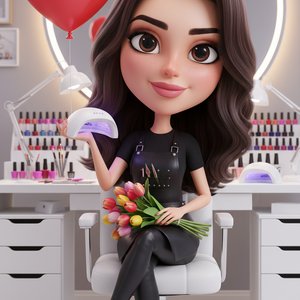 cute stylized 3D caricature female nail technician, big head small body proportions, sitting in a modern manicure salon chair, legs crossed, confident and elegant pose, long glossy dark hair styled in soft waves, perfect makeup, thick eyebrows, big expres