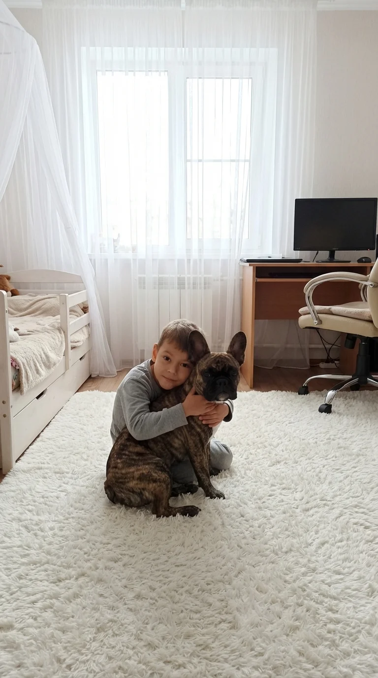 Ребенок обнимает собаку, сидя на белом ковре , сзади ребёнка большое окно, на окнах белая тюль. Слева детская кровать, справа стол компьютерный и стул