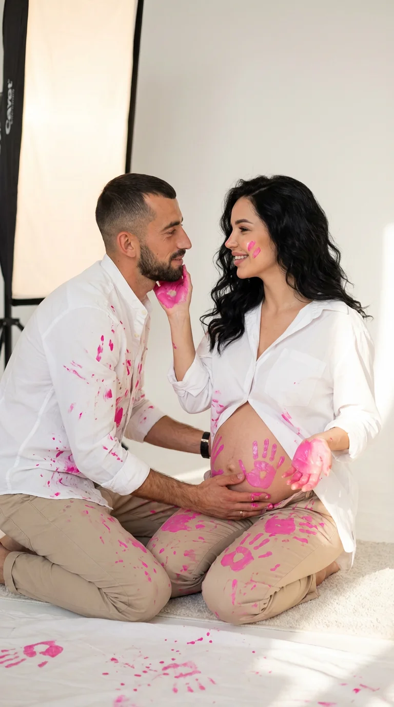 7. Создай ультрареалистичное изображение романтической пары на фотосессии gender reveal в студии. Молодая беременная девушка с животиком, как на 5 месяце беременности сидит на белом ковре на полу в полупрофиль, её поза расслабленная и нежная, ноги слегка 
