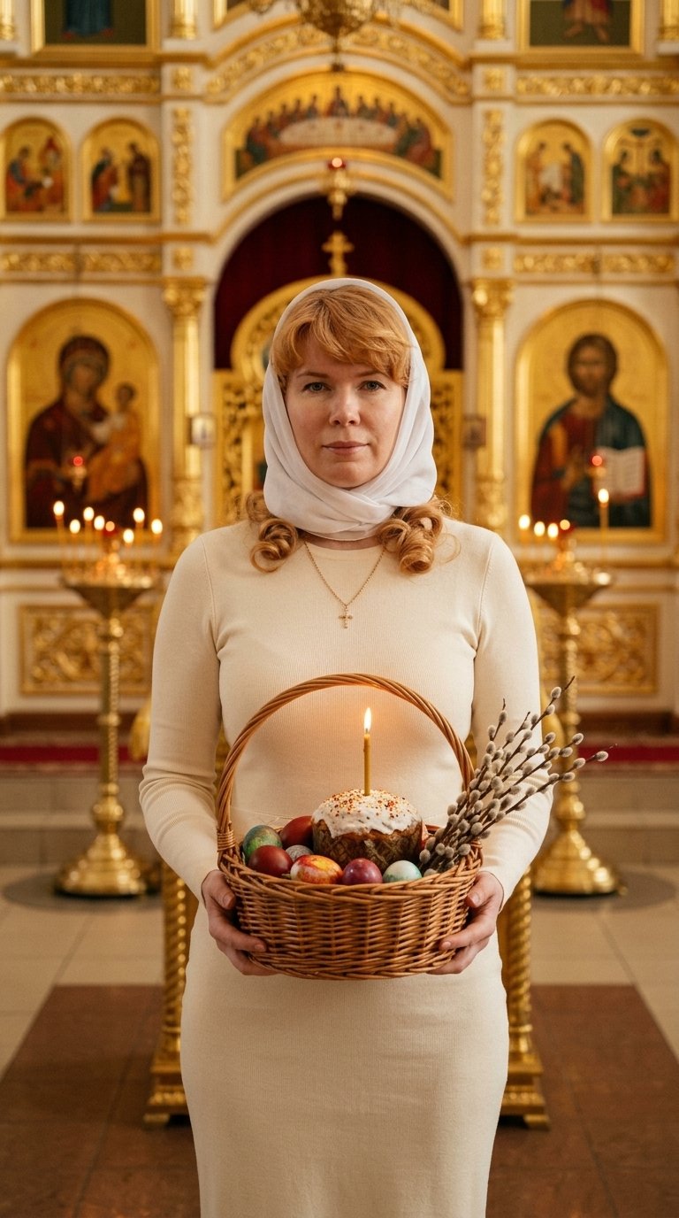 Сохрани мои черты лица и цвет волос, максимально сохрани сходство. Одна женщина стоит лицом к камере и спокойно позирует, держит в руках плетеную корзину с пасхальными угощениями. Волосы уложены мягкими локонами, легкий вечерний макияж, аккуратный классич