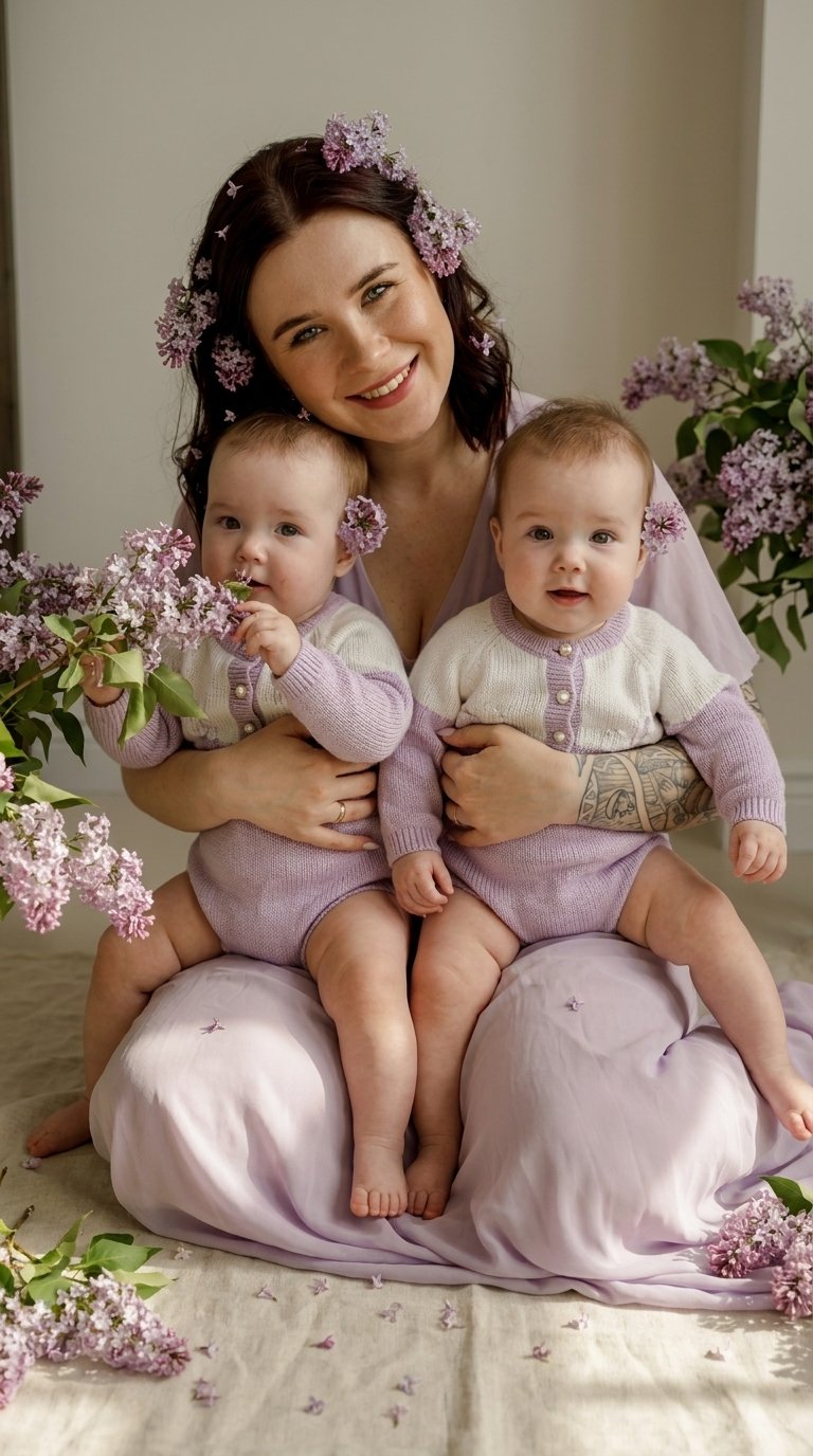 Ultra-realistic professional photo of a young mother with her two identical twin baby girls, 8 months old. They are sitting together on a soft cream linen rug. Mother weighs 65 kg, has a slim but naturally soft body type — not skinny, healthy and feminine