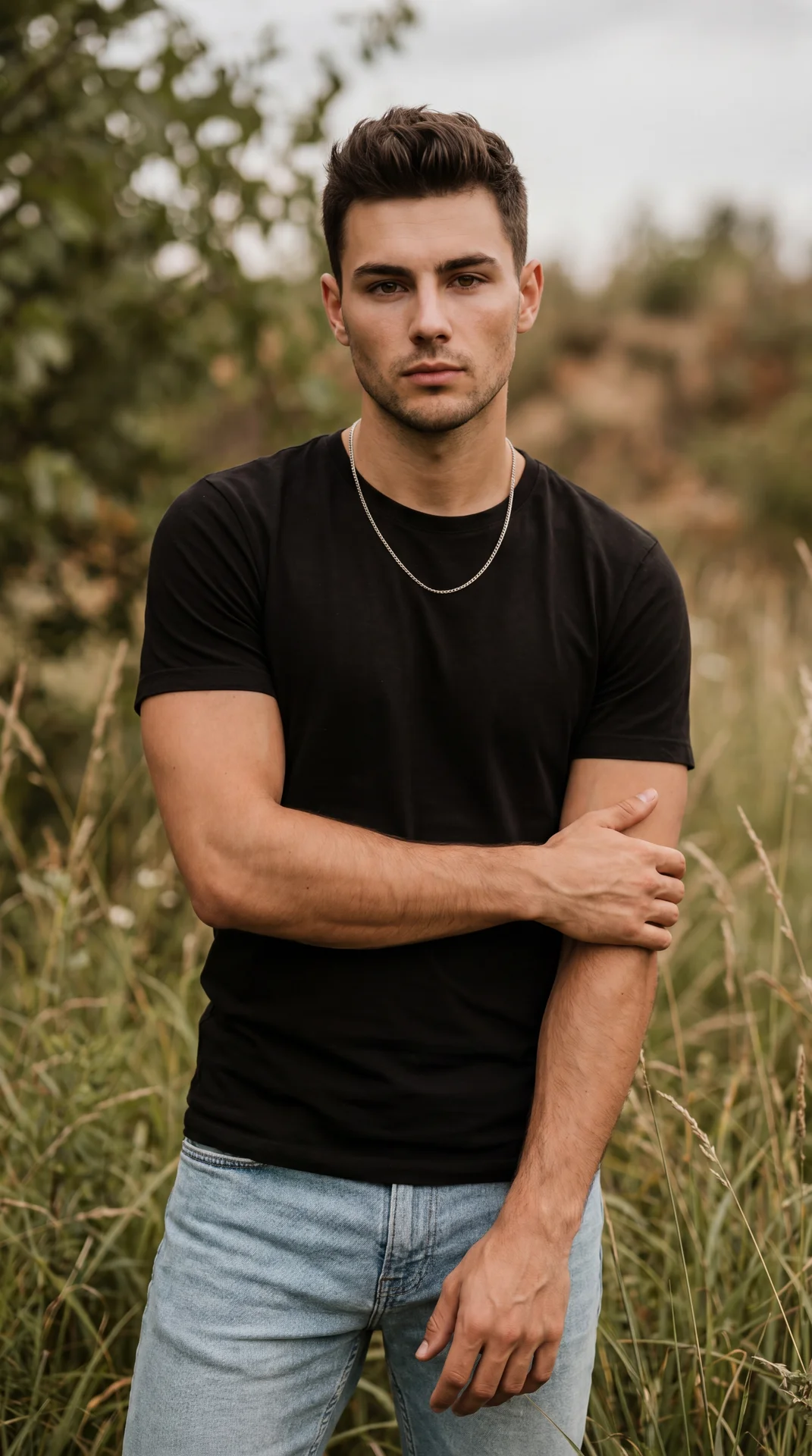 Professional eye-level изображение, medium shot (mid‑thigh up), subject centered in tall wild grass with a soft leafy/earth backdrop; moody calm atmosphere; soft overcast natural light; shallow depth of field with creamy bokeh, subtle vignette, matte cine