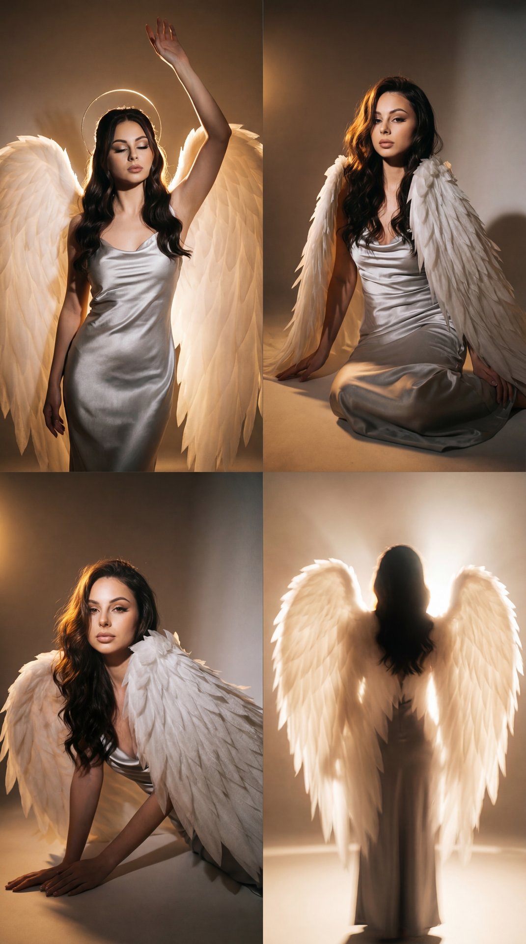 The image is a collage of four photographs, each depicting a woman with large, striking angel wings in a warm, softly lit setting. 

1. **Top Left:** The woman is standing with one arm raised, silhouetted against a bright light source behind her head, cre