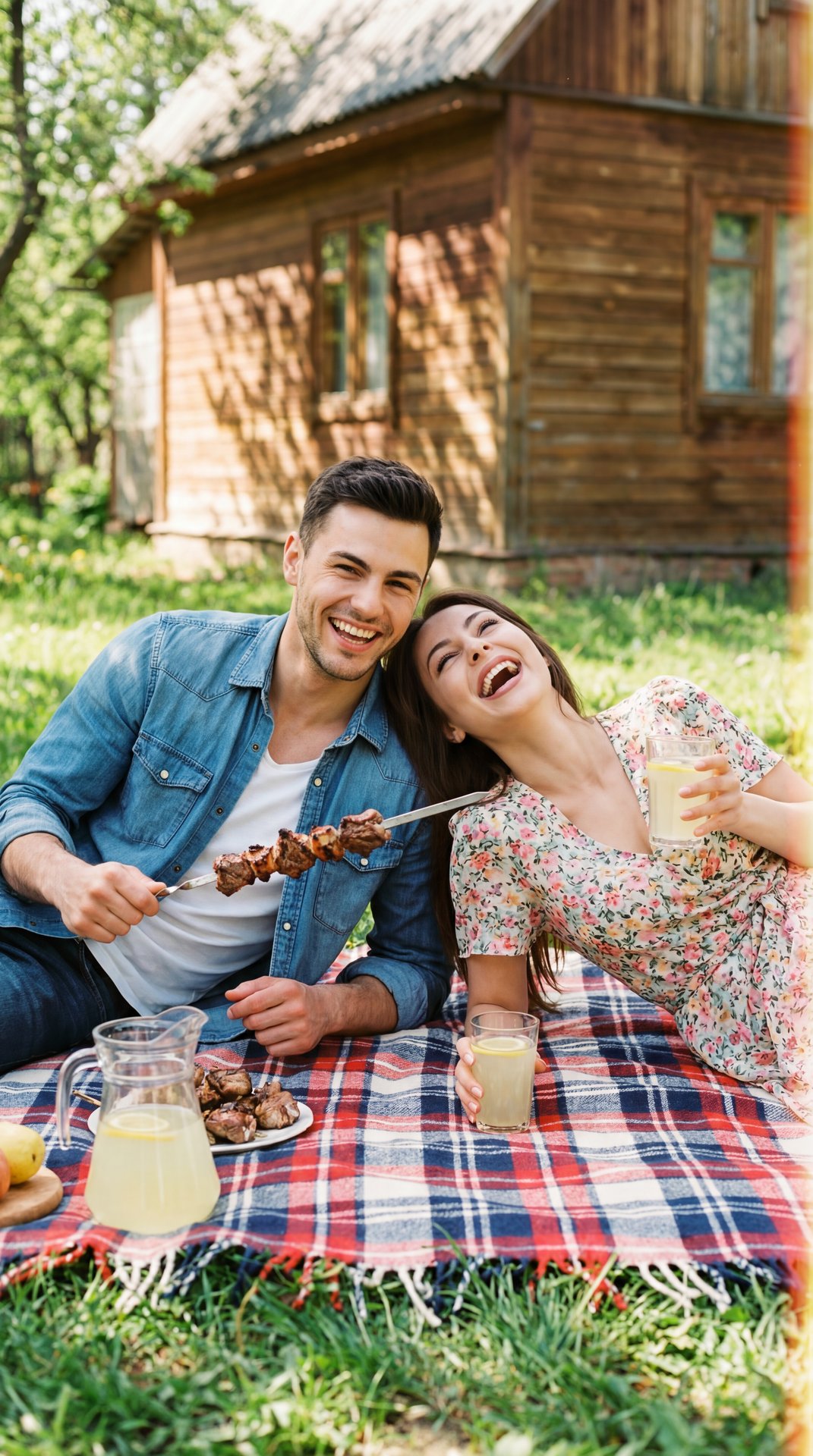 Top-down angle cinematic photography, a young couple relaxing on a cozy plaid blanket on green grass near a wooden dacha house. They are eating grilled shashlik from metal skewers, drinking lemonade, and laughing hard. Casual spring outfits, bright sunny 