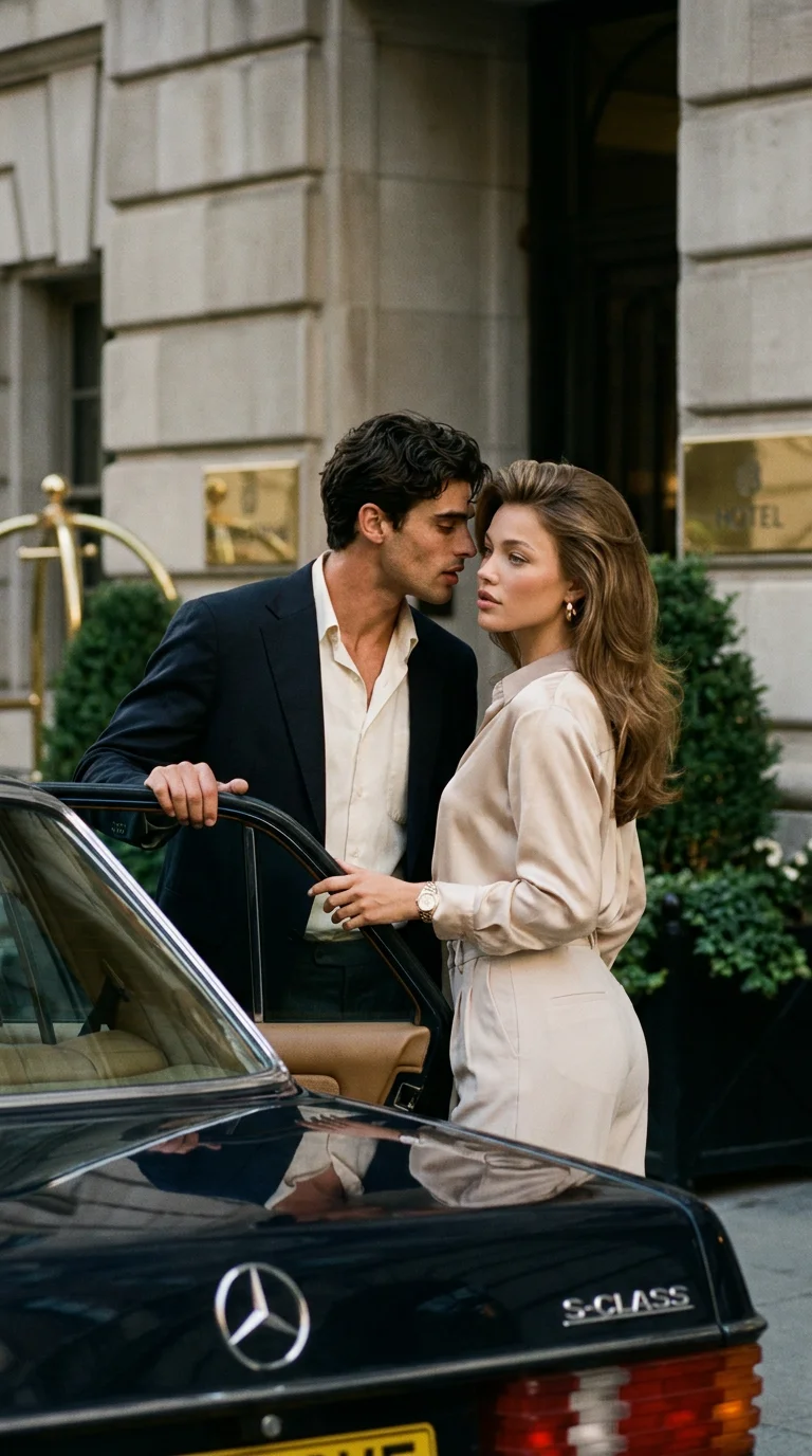 An affluent late-1980s couple beside a dark vintage luxury sedan outside a grand hotel or private estate.


The man has opened the passenger door for the woman, but before getting into the car she turns back toward him as he says something quietly. Their 