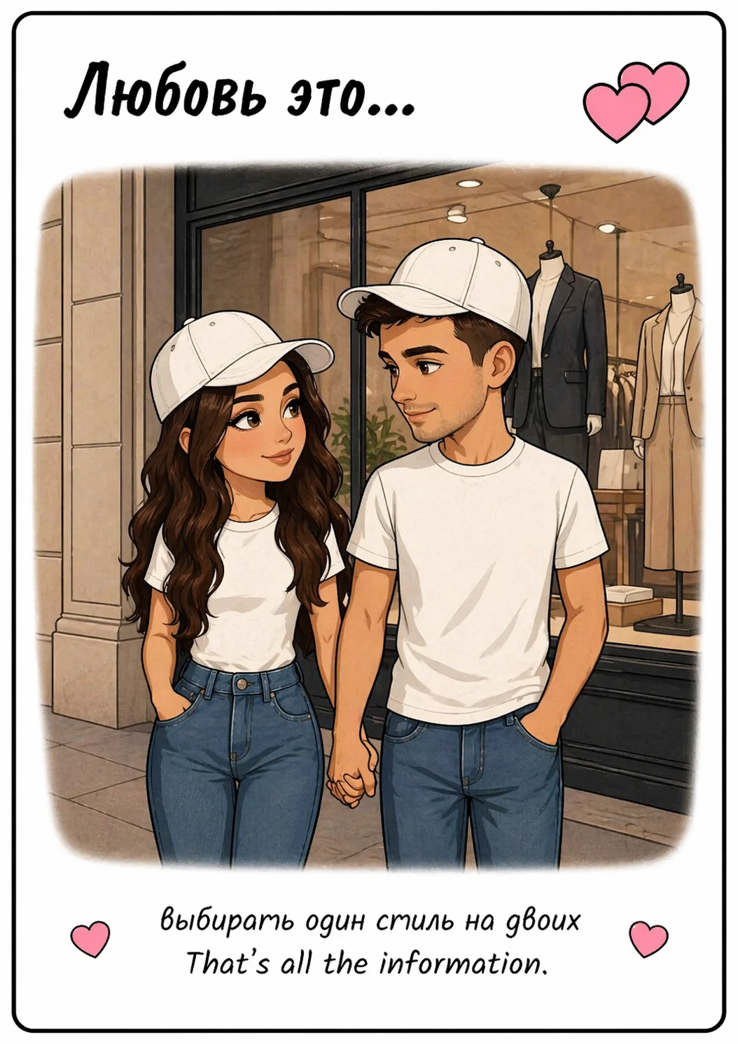 Создай изображение Наклейки в стиле "Love is...". Белый фон, чёрная рамка по всему периметру, сверху крупно "Любовь это...", маленькие розовые сердечки.

В центре мультяшная девушка (с внешностью в точности как на фото 1), карими глазами, с длинными корич