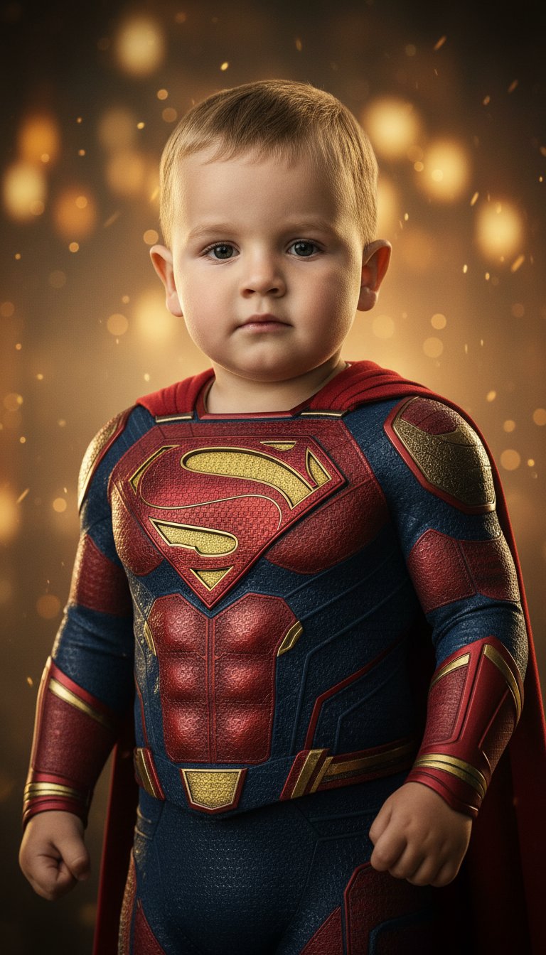 cinematic DC movie style portrait of a young boy superhero, wearing a red and blue super suit with a large metallic red and gold "S" emblem on the chest, detailed armored suit, red cape, realistic textures, heroic pose, confident calm expression, blue eye