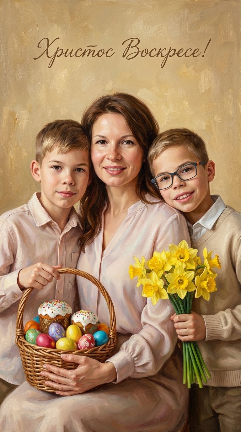 Фотореалистичная художественная иллюстрация (oil painting style), вертикальный формат 9:16.
❗️ABSOLUTE IDENTITY LOCK 1:1 — сохранить внешность взрослого и двух детей без изменений (черты лица, пропорции, кожа).

Композиция строго:
взрослый в центре, сидит