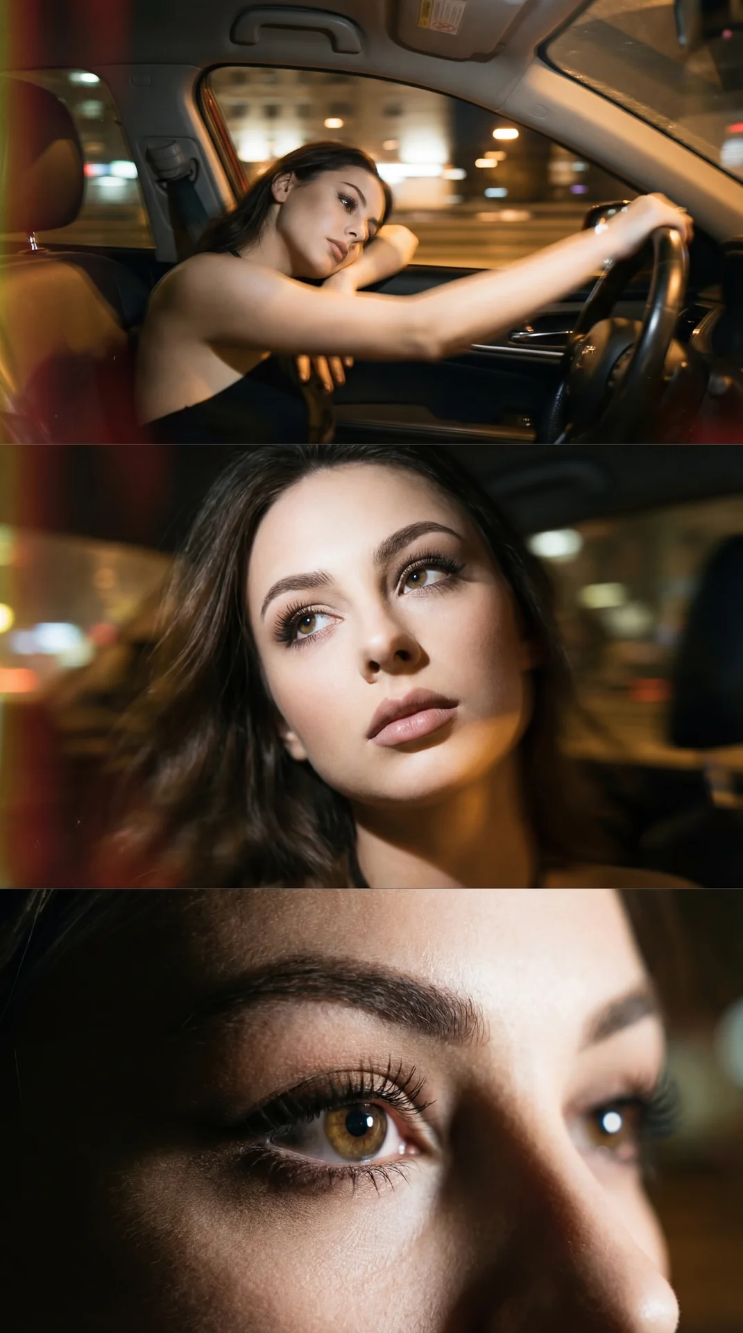 The image is divided into three sections, each portraying a different aspect of a nighttime car ride, featuring a young woman.

In the top section, the scene is set inside a car. The woman is resting against the window, her arm stretching across, touching