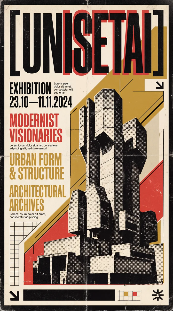 Vintage brutalist editorial poster, Swiss graphi