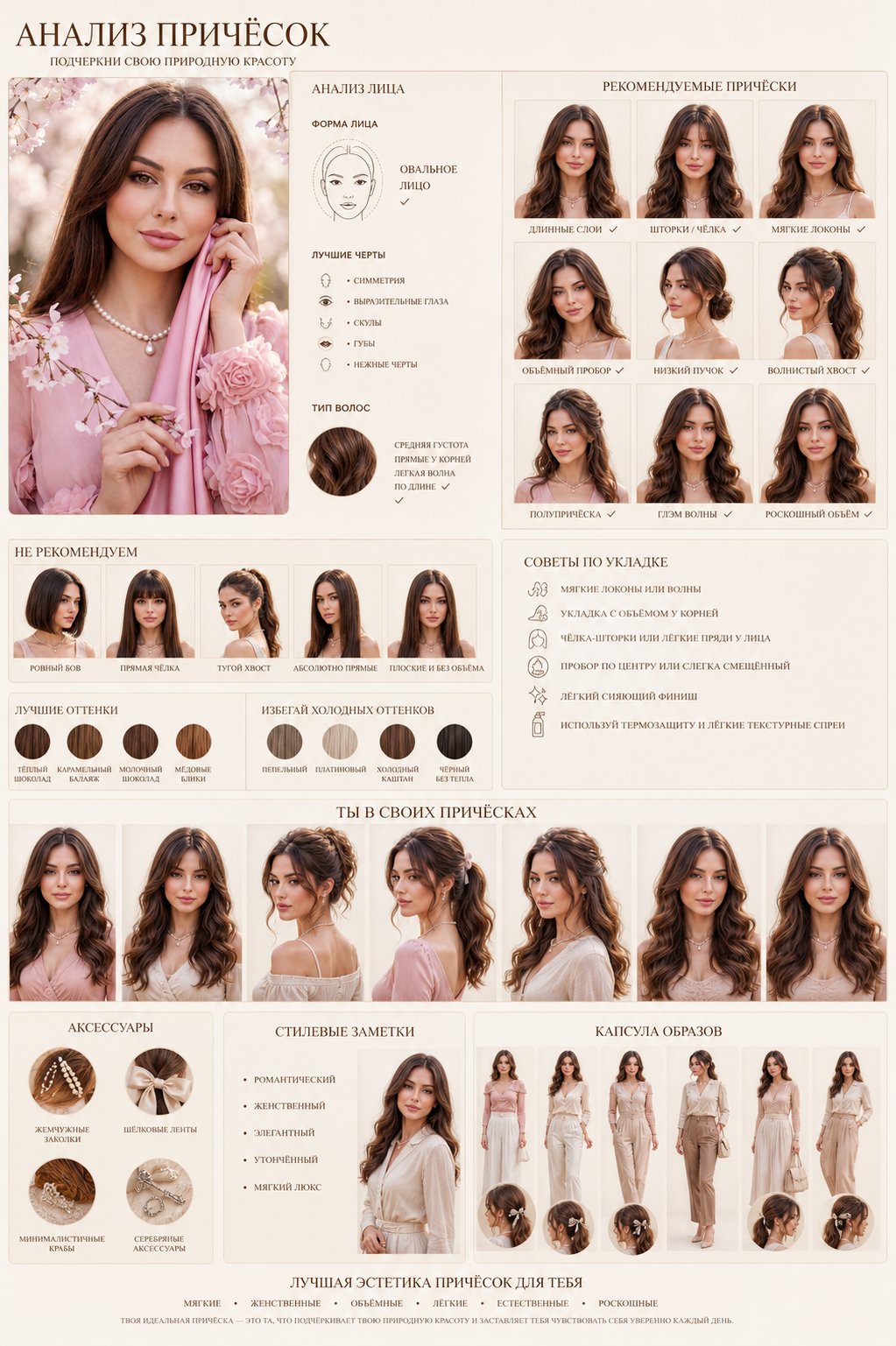 Create a high-end editorial “Hairstyle Analysis Board” using this portrait. Luxury fashion magazine style (Dior / Ralph Lauren aesthetic), clean beige/ivory background, warm tones, soft diffused lighting, ultra-detailed photorealistic quality, consistent 