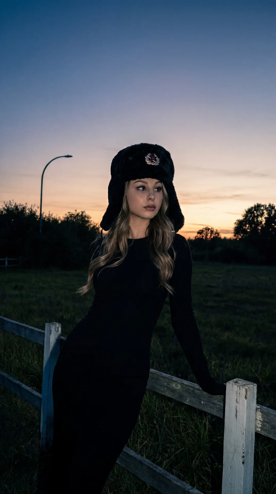 Молодая женщина с длинными волосами, одетая в облегающее  черное платье с длинными рукавами, стоит на улице в травянистой местности в сумерках. На ней большая, традиционная черная меховая шляпа (Ушанка) с видимым значком спереди(полицейская). Ее тело слег