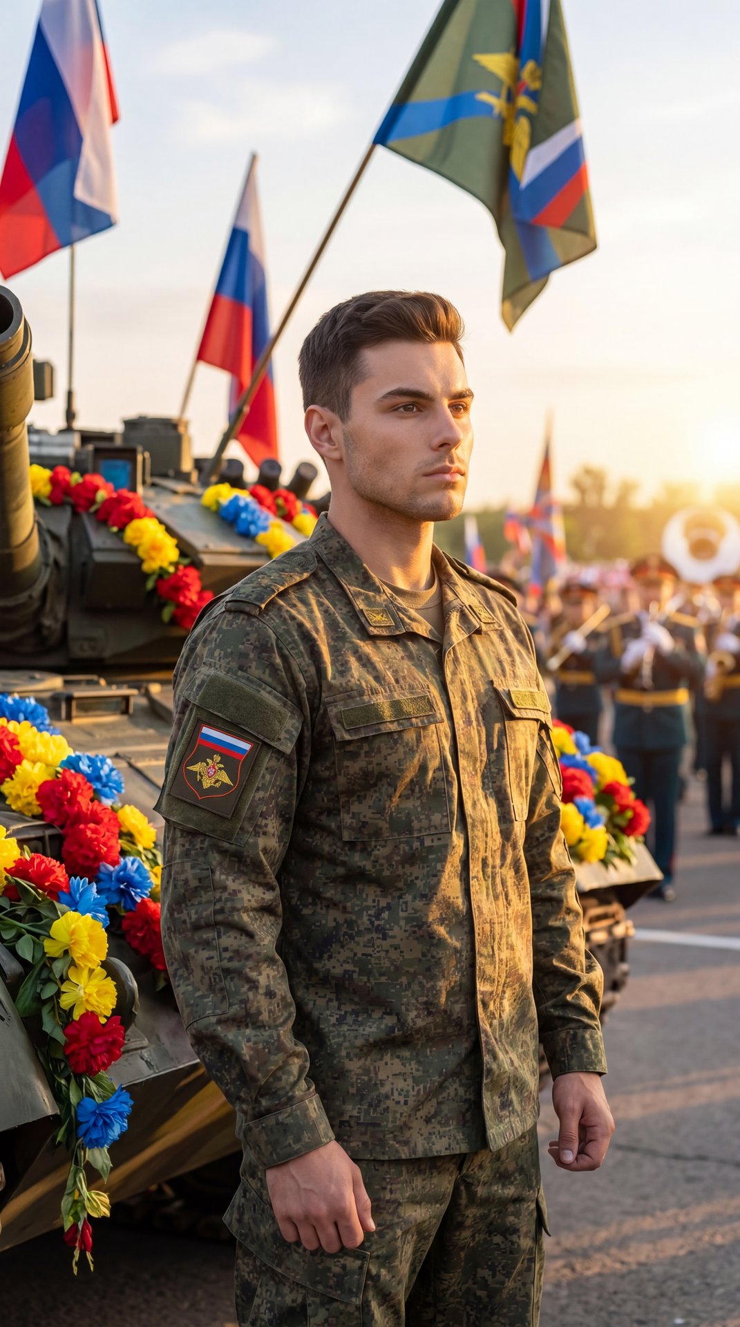 На фоне танка, украшенного яркими цветами, стоит мужчина в военной форме. Его лицо выражает гордость и решимость, взгляд устремлён вдаль. Вокруг него развиваются флаги, создавая атмосферу патриотизма и торжества. Слышен звук марша, который дополняет карти