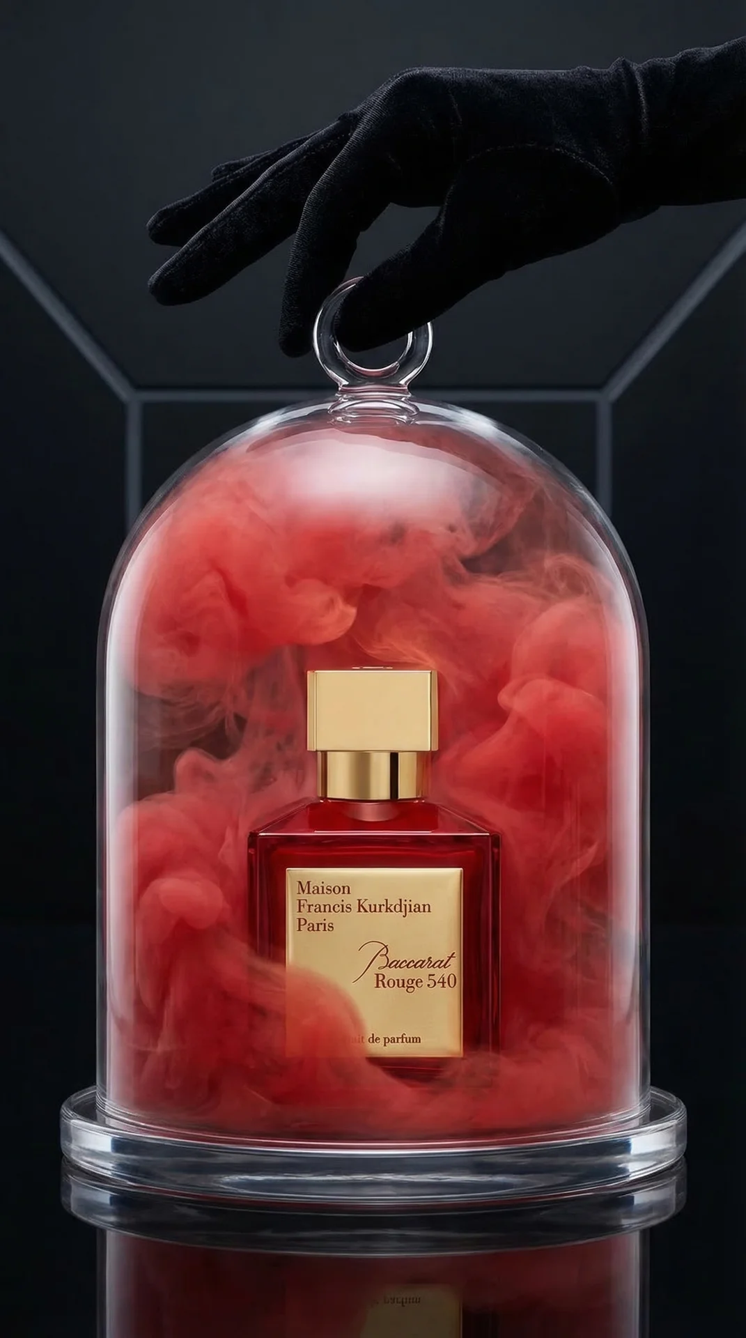 A futuristic scene with the Baccarat Rouge 549 perfume placed under a transparent glass dome. The dome stands on a transparent circular base, creating an isolation effect. A thick red smoke rises smoothly around the perfume bottle, remaining within the do